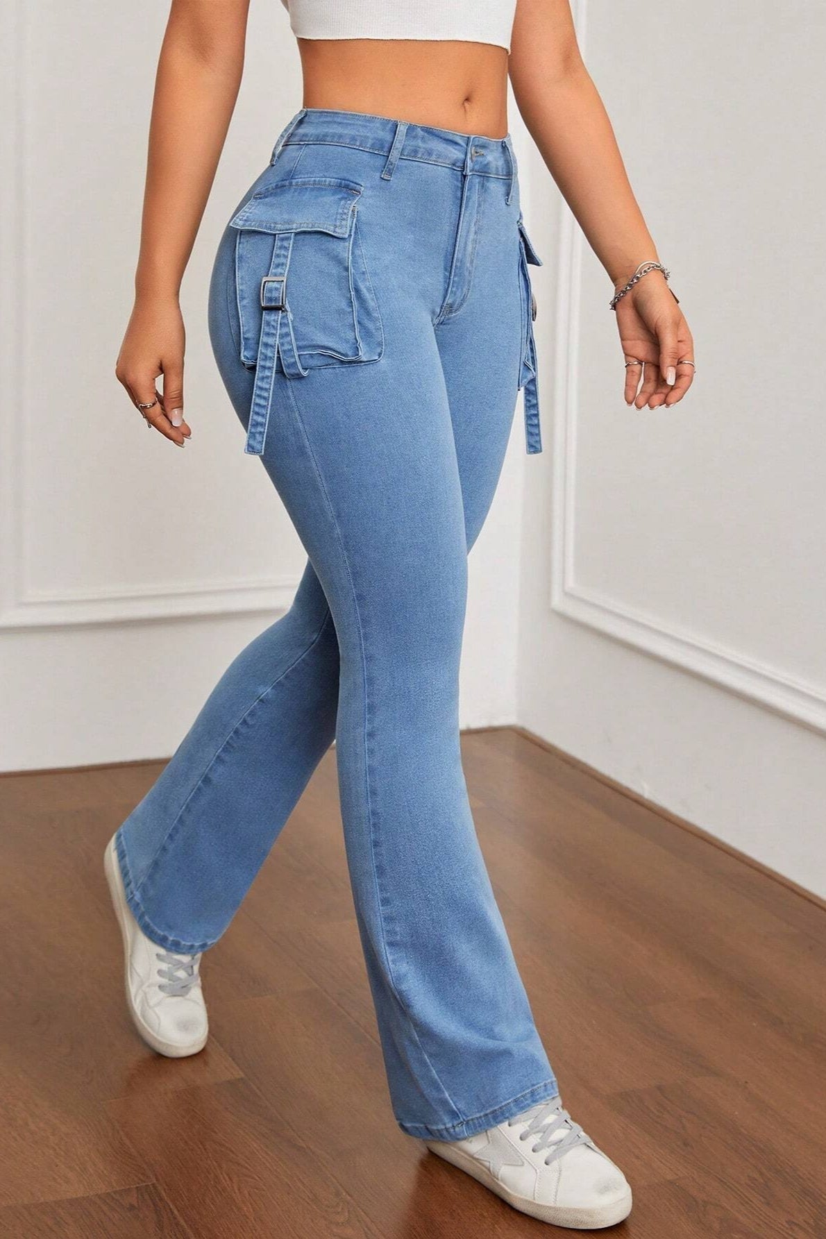 High Waist Cargo Flap Pocket Slim Fit Flare Leg Jeans