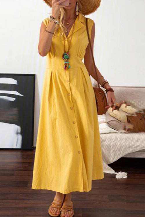 V-Neck Lapel Collar Sleeveless Button Front Pleated Waist A-Line Midi Dress