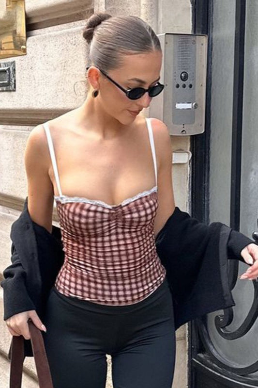 Gingham Lace Trim Panel Cami Top