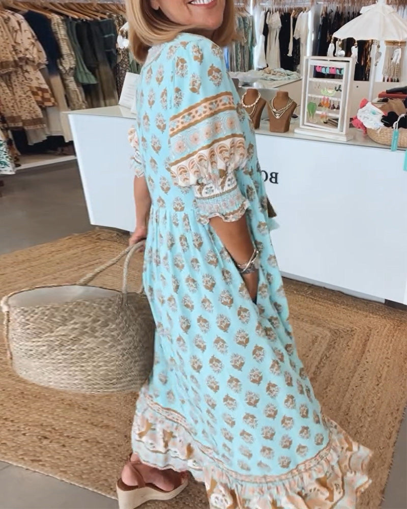 Printed V-Neck Ruffle Short Sleeve Tiered Maxi Dress