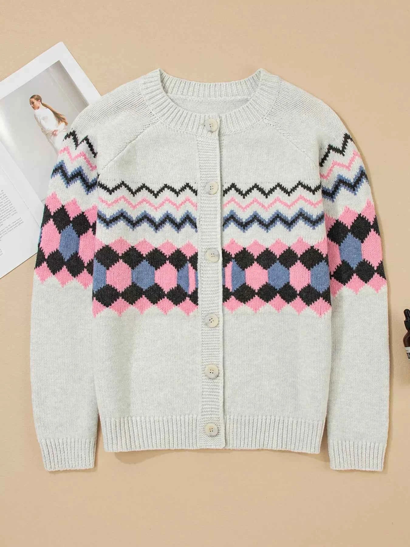 Stripe Geometric Button Up Sweater Cardigan