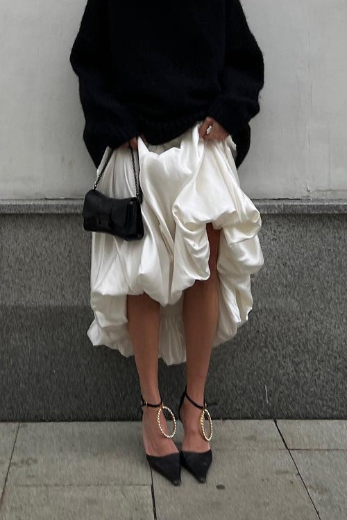 High Waist Satin Balloon Bubble Hem Midi Skirt 4