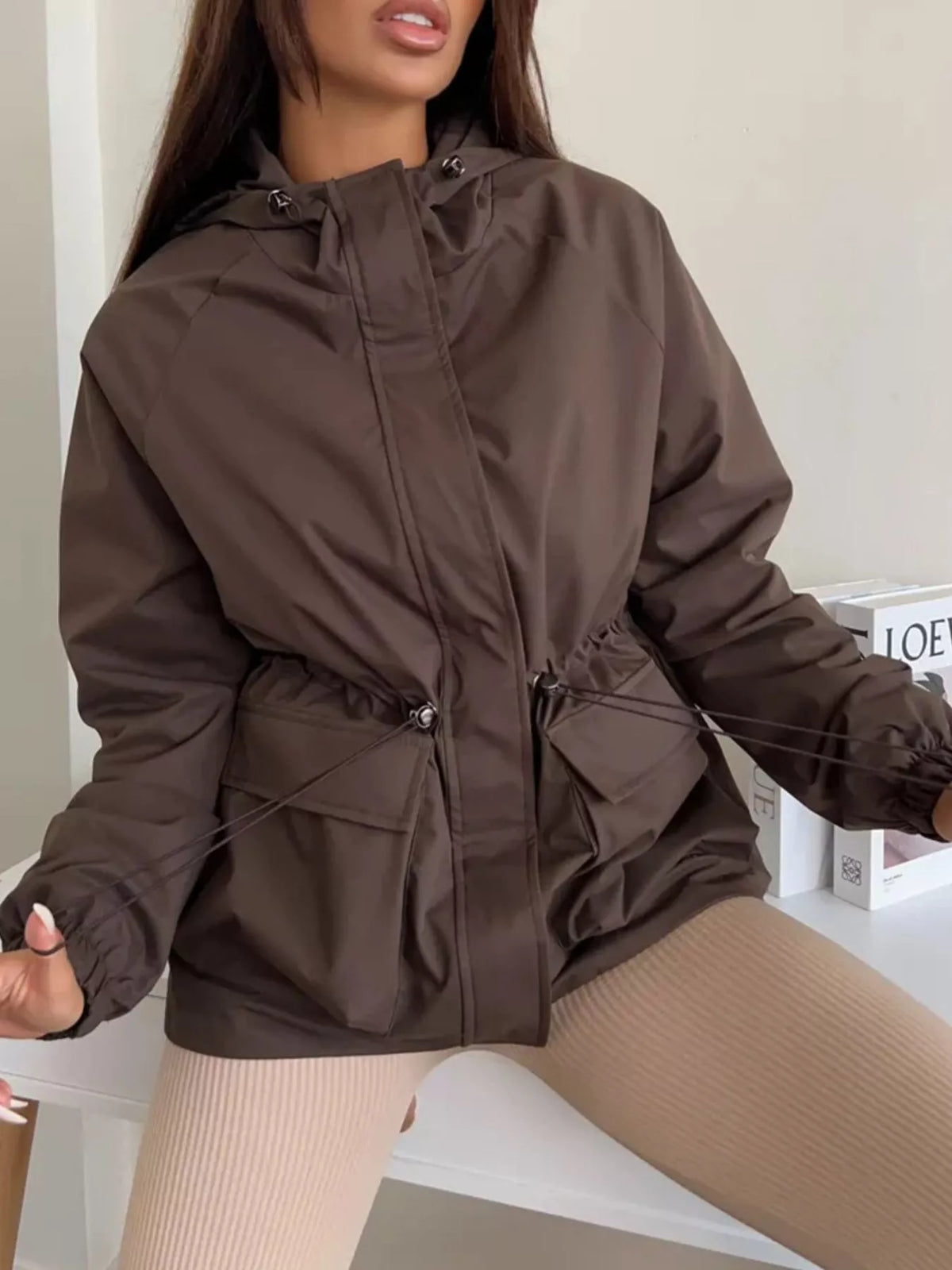 Hooded Drawstring Waist Flap Pocket Zip Front Windbreaker Jacket