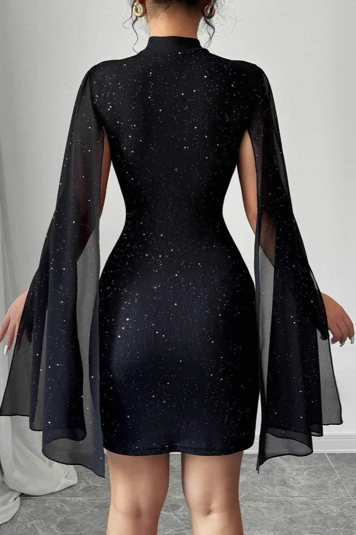 Shiny Printed Turtleneck Puff Sleeve Bodycon Cocktail Dress - View 3