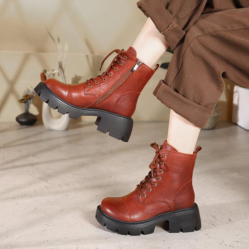 Genuine Leather Boots Lace-Up Combat Boots Retro Chunky Ankle Boots