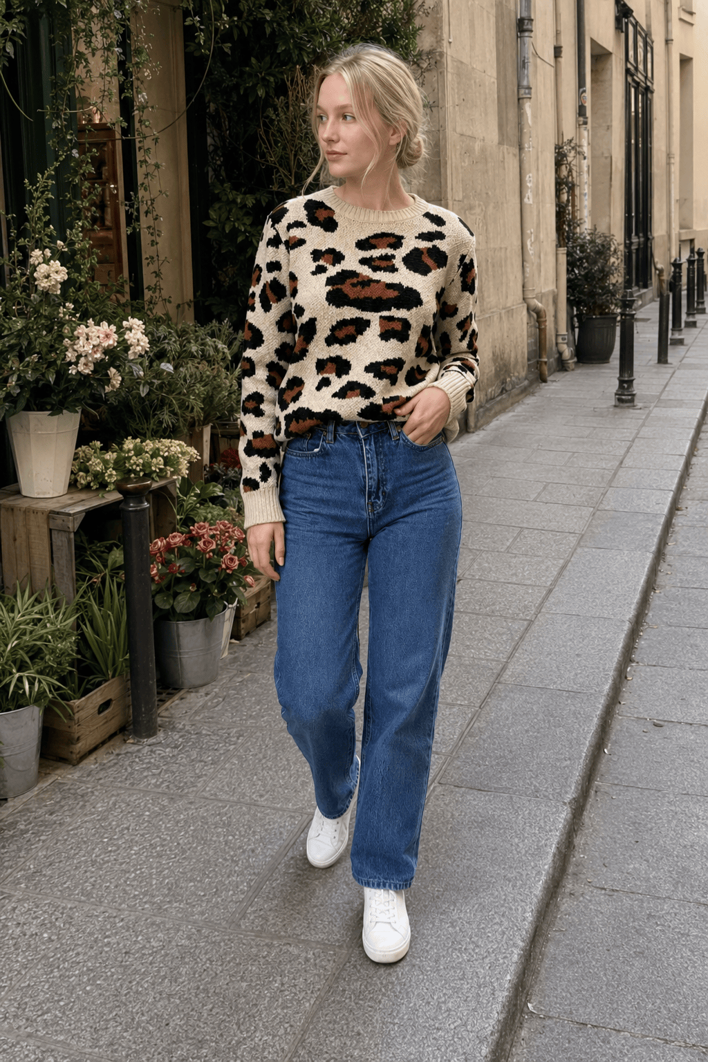 Colorblock Leopard Crewneck Sweater