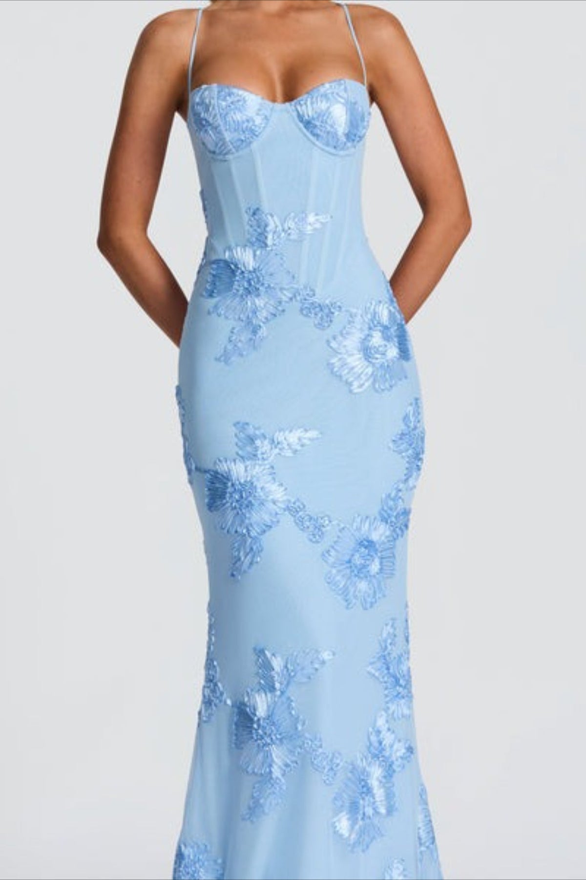 Floral Embroidered Mesh Corset Spaghetti Strap Mermaid Maxi Dress 6