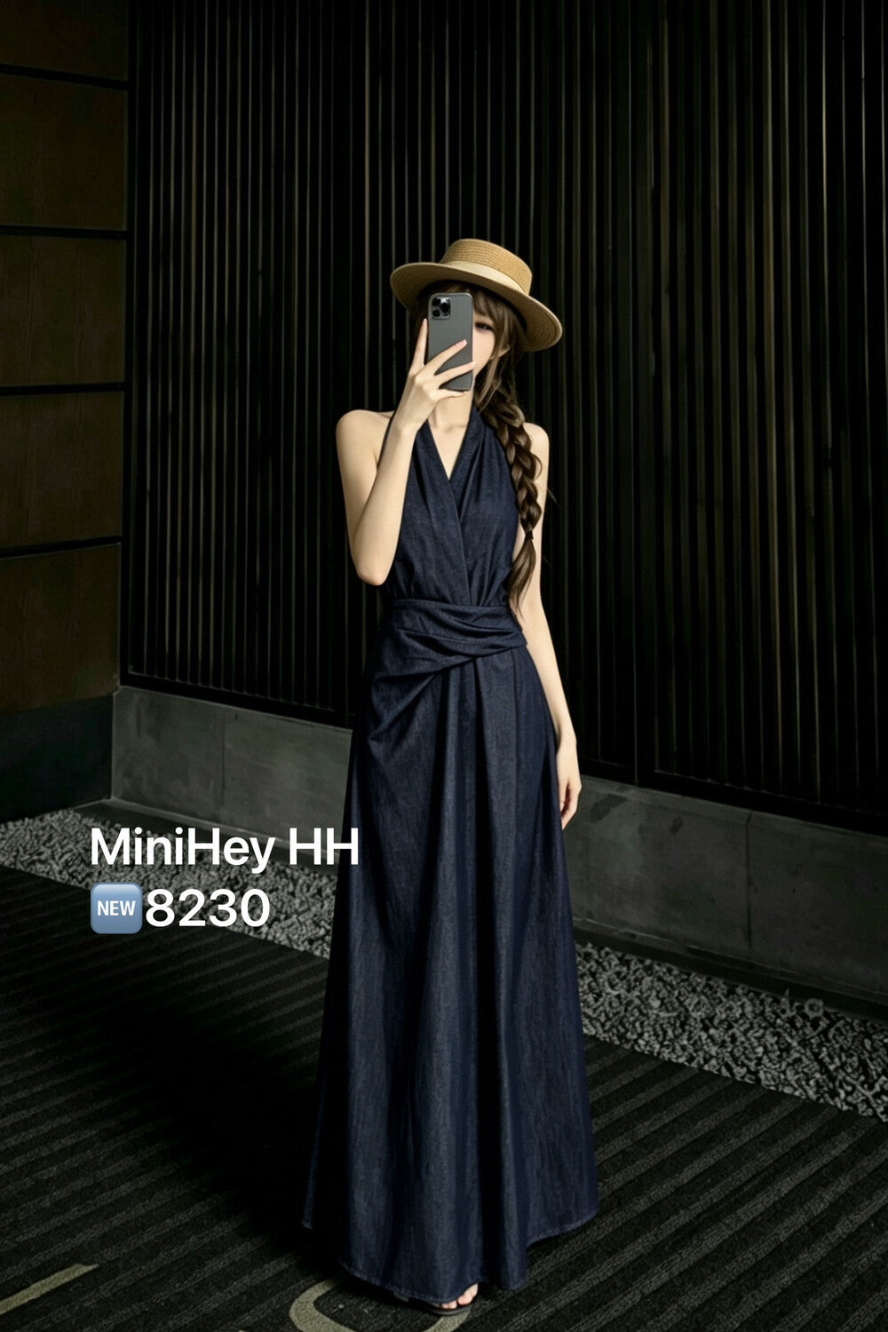 Denim Halter Neck Sleeveless Twist Waist Maxi Dress