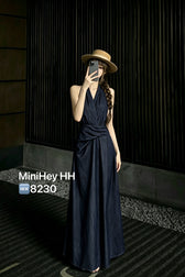 Denim Halter Neck Sleeveless Twist Waist Maxi Dress