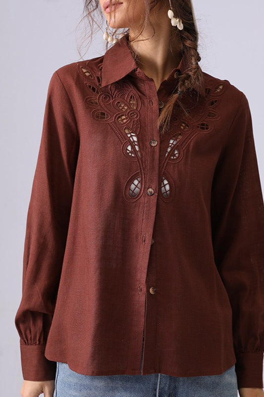 Cut Out Embroidered Collared Button Front Long Sleeve Blouse 4