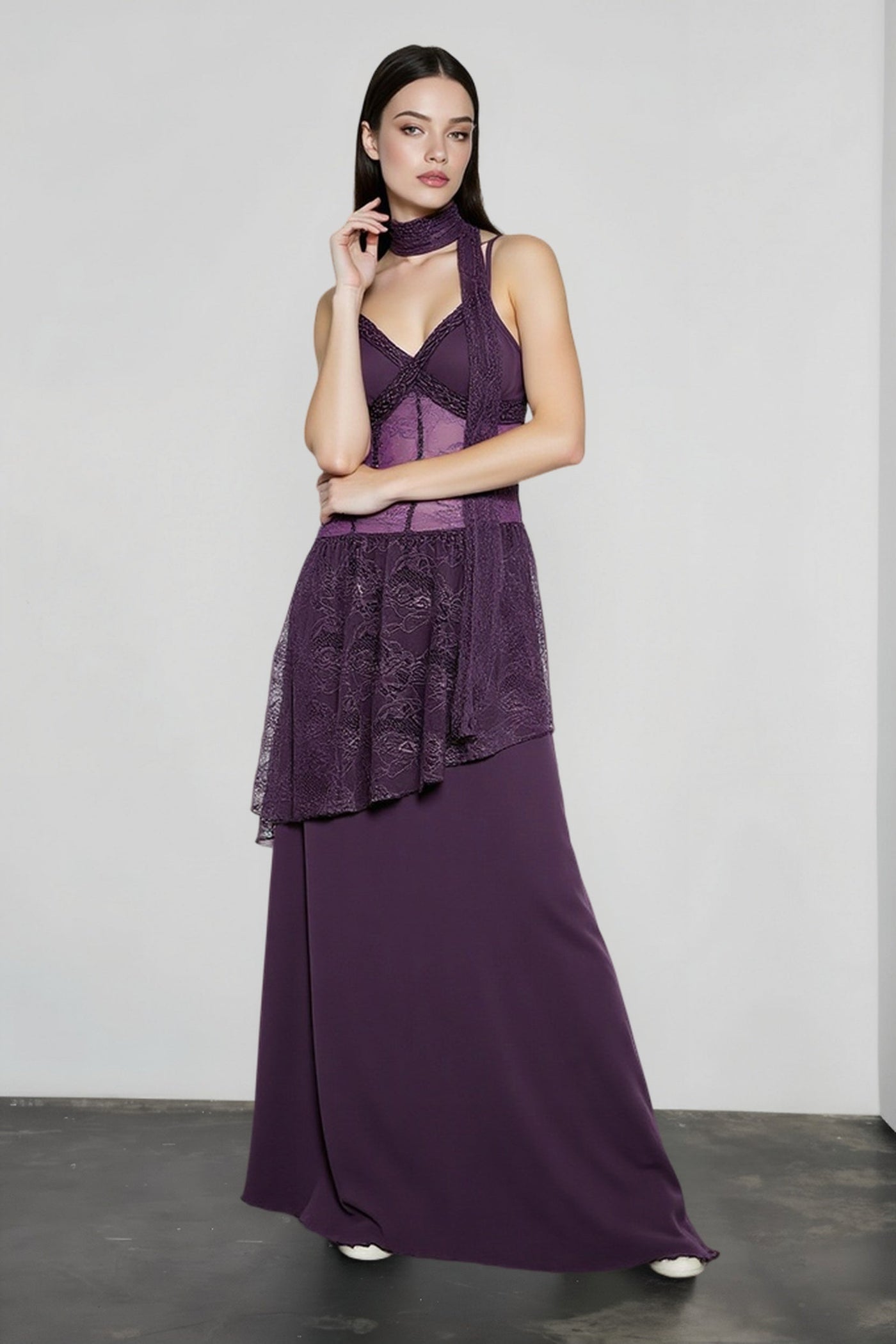 Lace Trim Sheer Waist Tie Cami Maxi Lace Dress