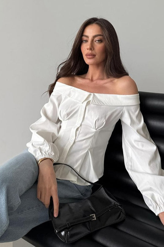 Off Shoulder Ruffled Satin Blouse