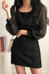 Sheer Boucle Square Neck Blouse Skirt Tweed Suit Set