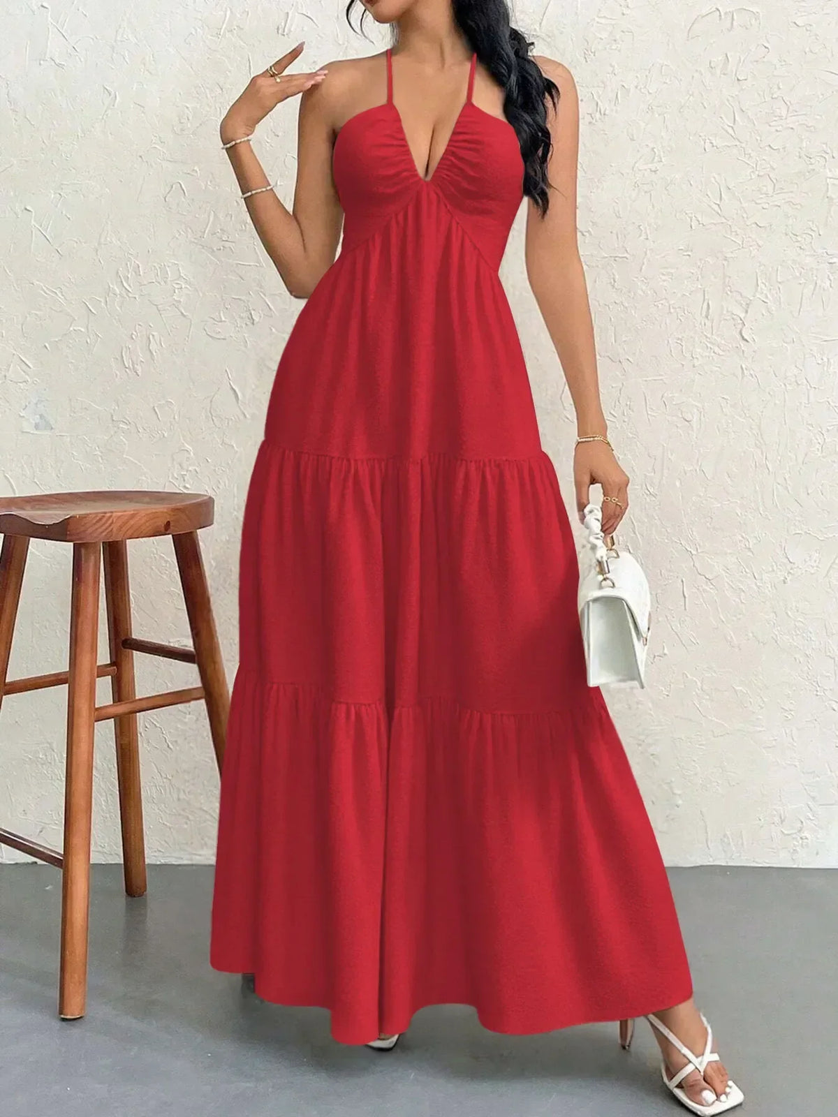 Halter Neck Deep V-Neck Sleeveless Tiered Maxi Dress 15