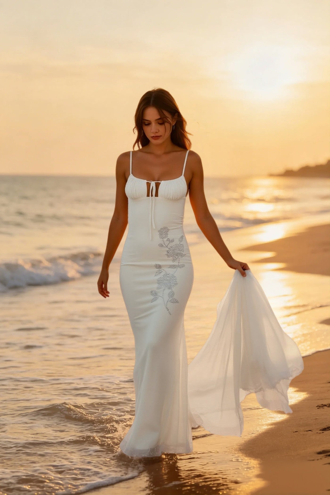 Strapless Tie Front Rhinestone Rose Mesh Maxi Party Dress