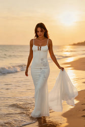 Strapless Tie Front Rhinestone Rose Mesh Maxi Party Dress