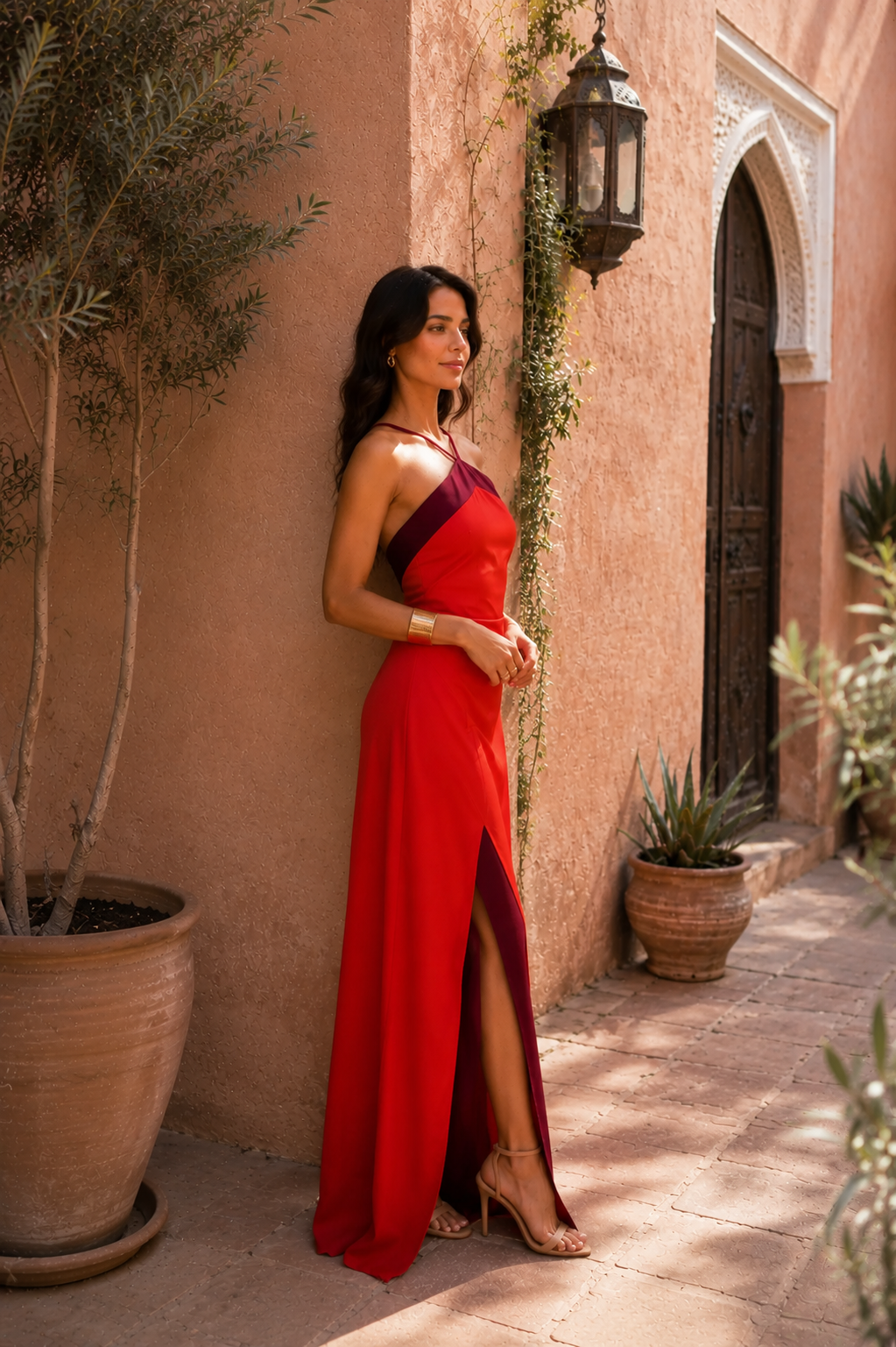 Halter Neck High Split Contrast Trim Maxi Dress