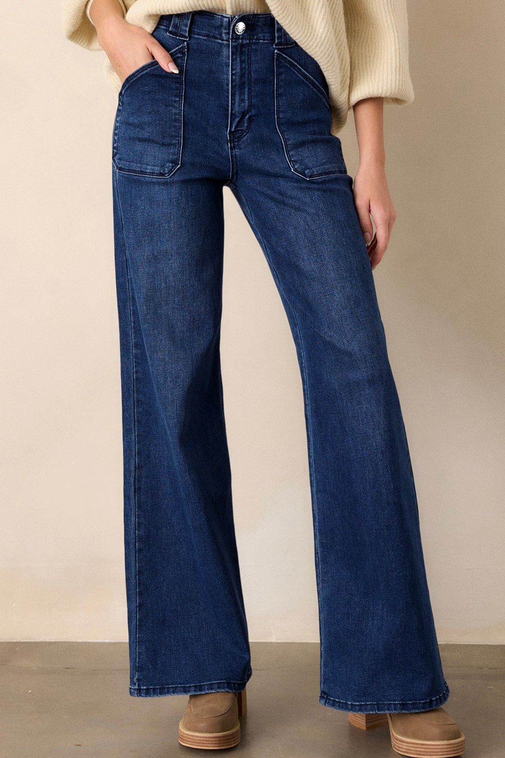 High Waist Front Patch Pocket Wide Leg Trouser Jeans