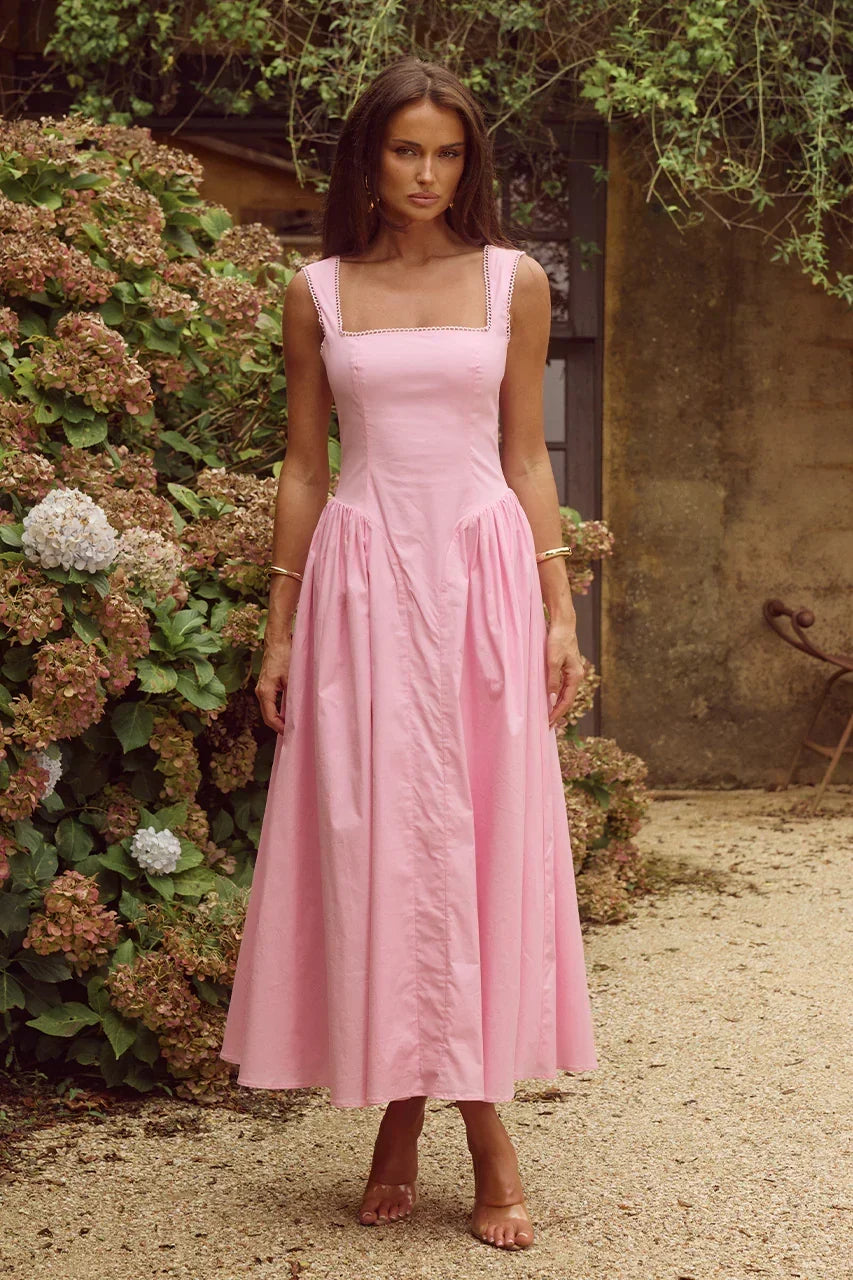Square Neck Stitch Trim Drop Waist Pleated Midi Dress 4