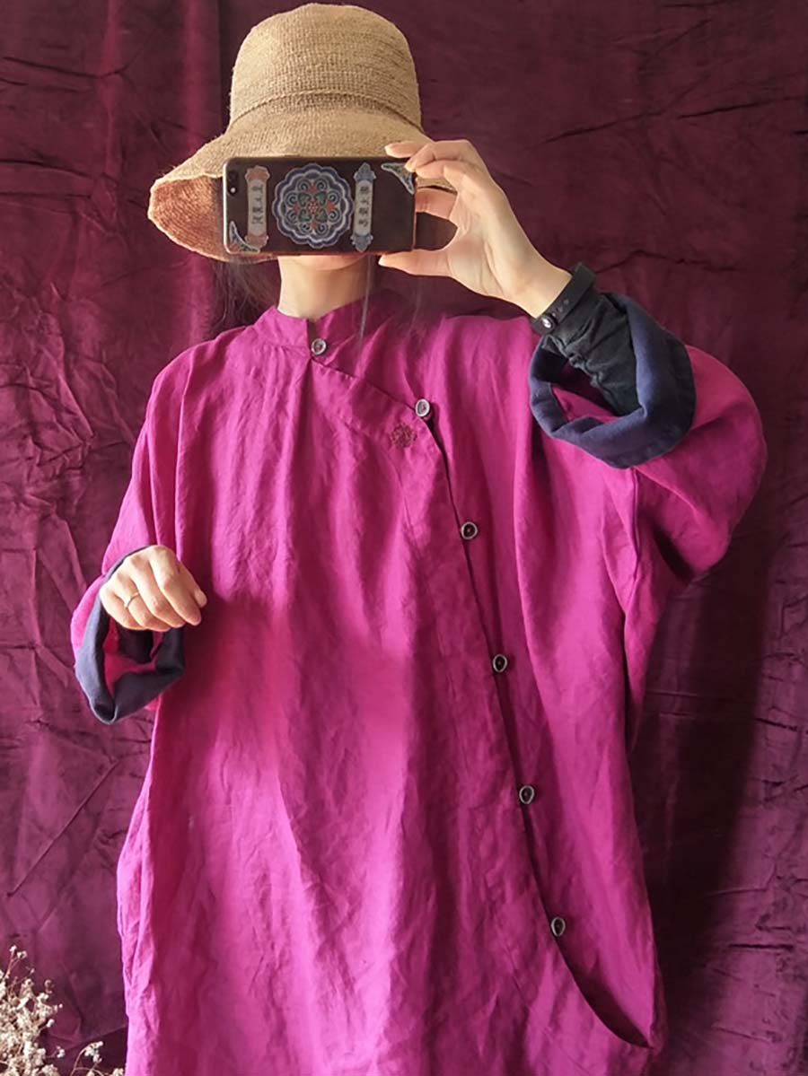 Mandarin Collar Long Sleeve Side Button Oversized Shirt Maxi Dress