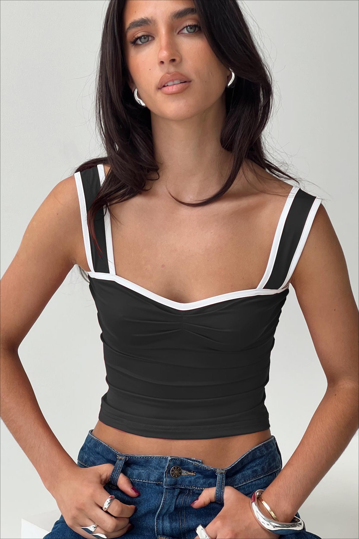 Color Block Square Neck Ruched Cami Top