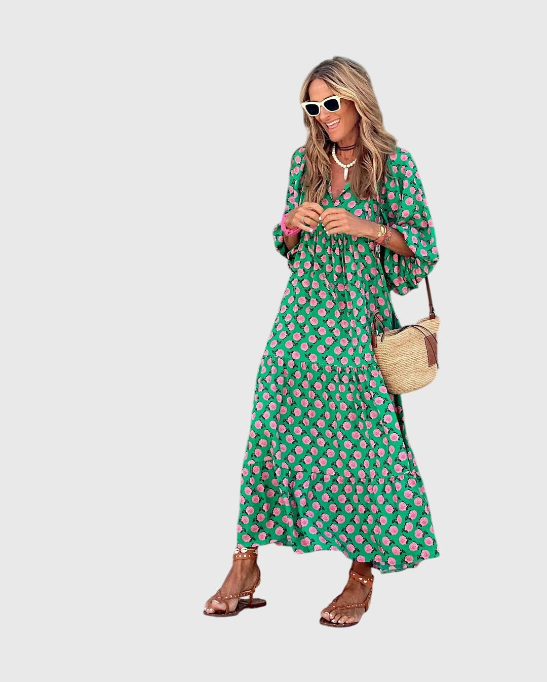 Floral Print Long Sleeve Tiered Boho Maxi Dress