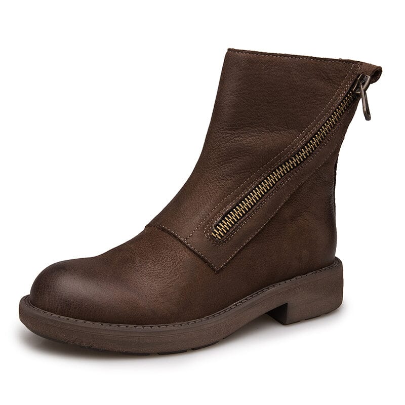 Full Grain Leather Zip Boots Retro Women Chunky Ankle Boots Black/Coffee