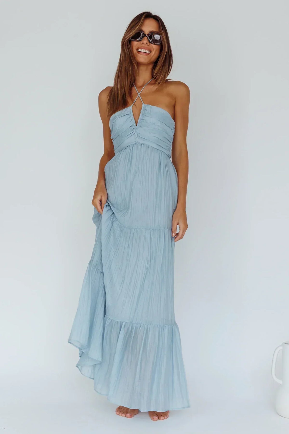 Ruched Halter Neck Keyhole Tiered Maxi Dress 3
