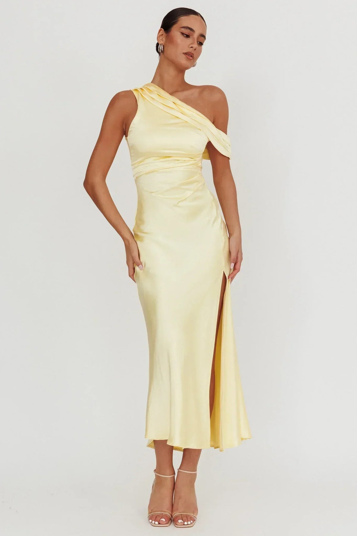 Satin One Shoulder Pleated Drape High Split Midi Dress 5