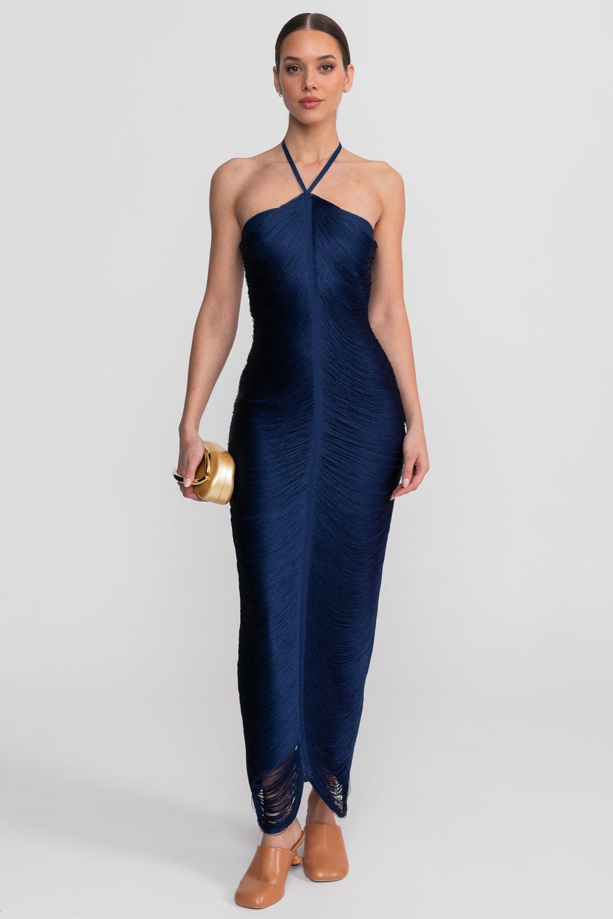 Halter Neck Draped Fringe Bodycon Asymmetric Hem Maxi Dress