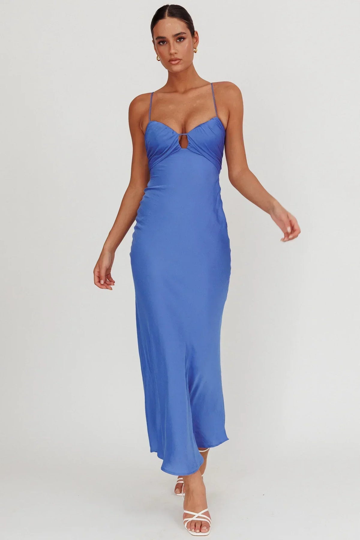 Satin Gathered Bust Keyhole Cami Strap Bias Cut Maxi Dress 6