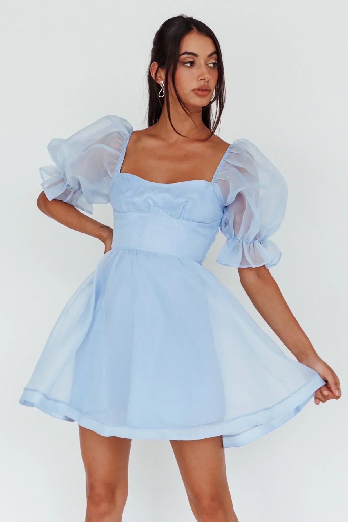 Organza Square Neck Puff Sleeve Corset Waist Skater Mini Dress