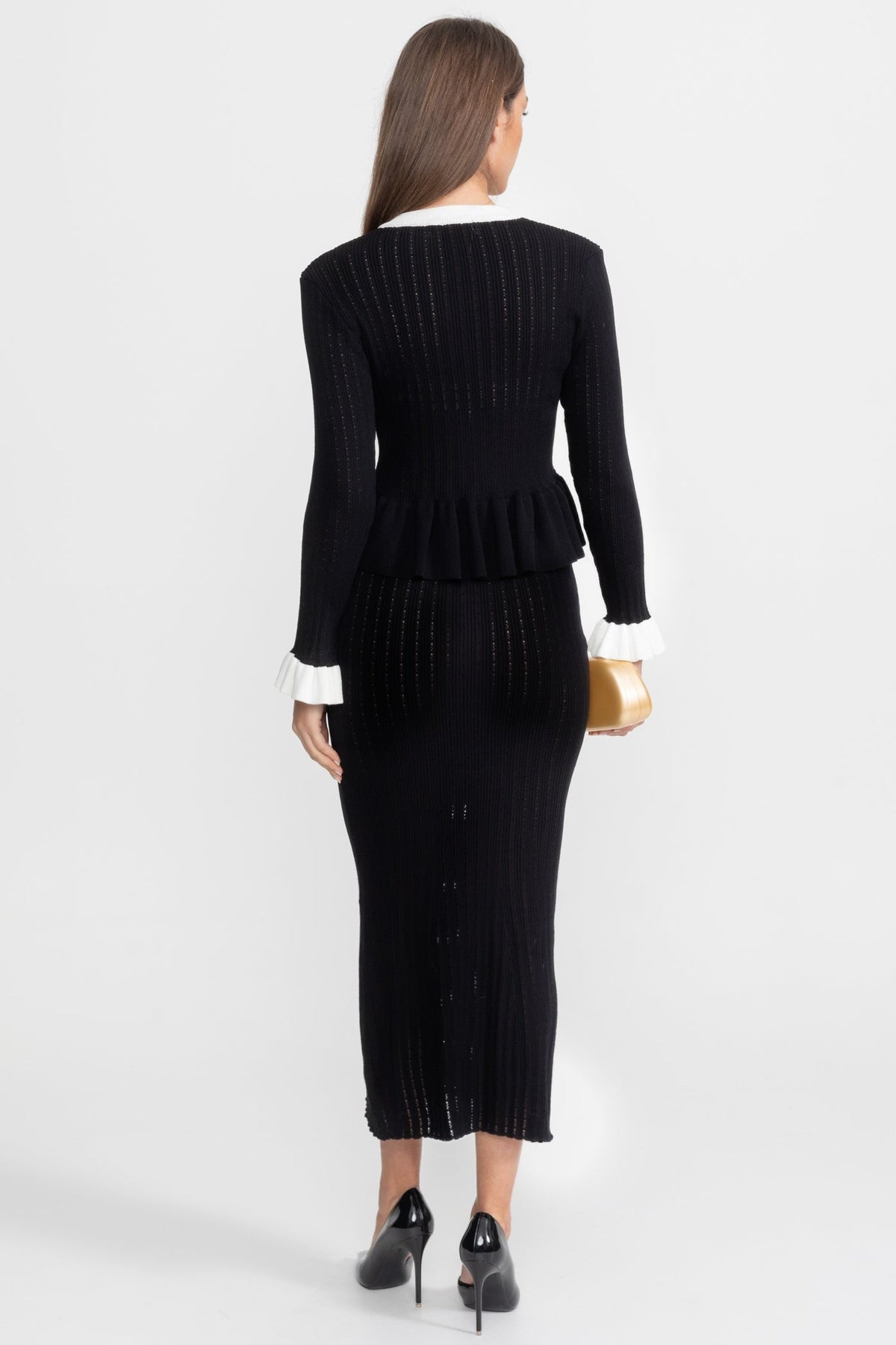 Pointelle Knit Contrast Trim Ruffle Cuff Peplum Cardigan and Column Midi Skirt Two Piece Set 4