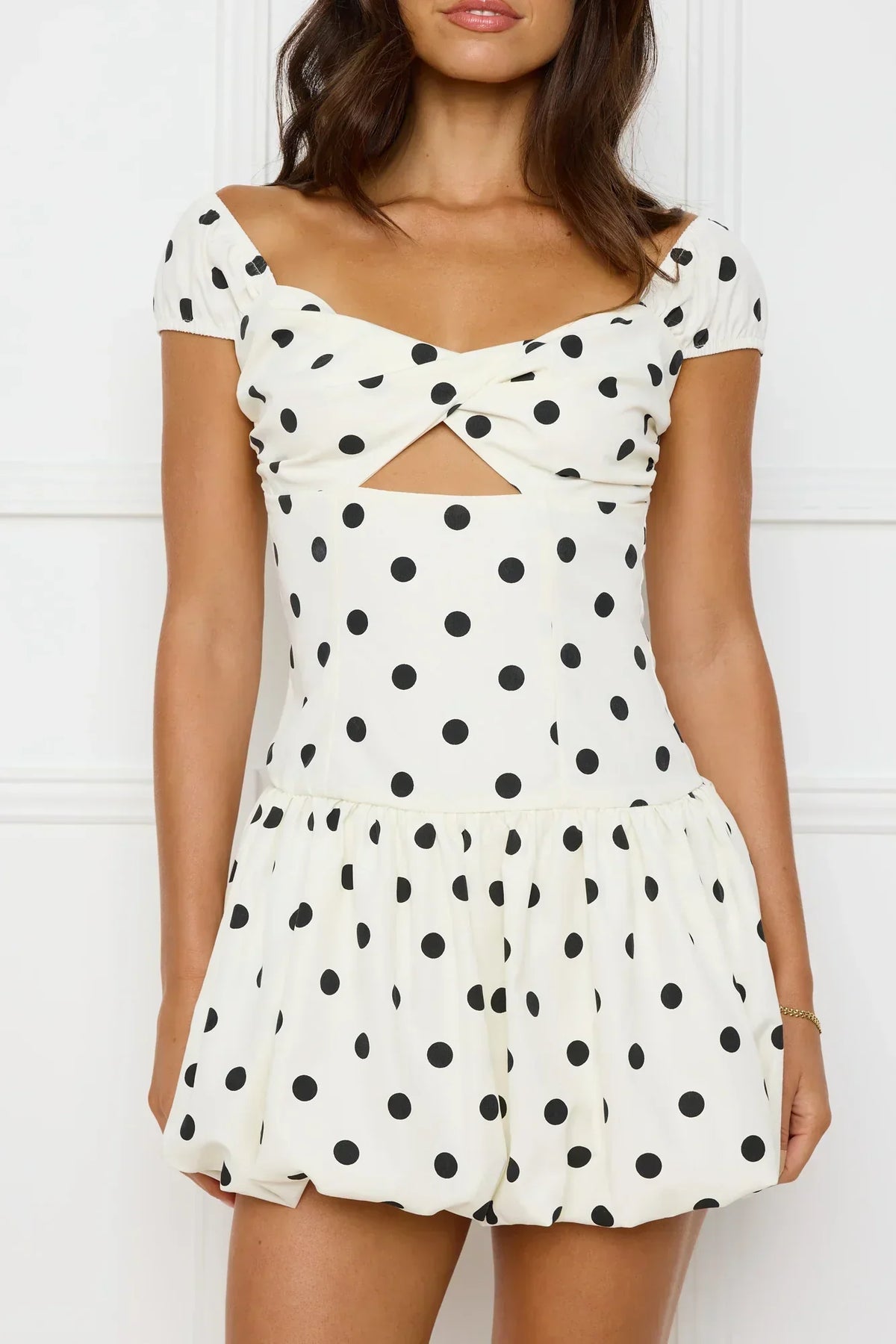 Polka Dot Cap Sleeve Twist Front Cut Out Drop Waist Bubble Hem Mini Dress 9