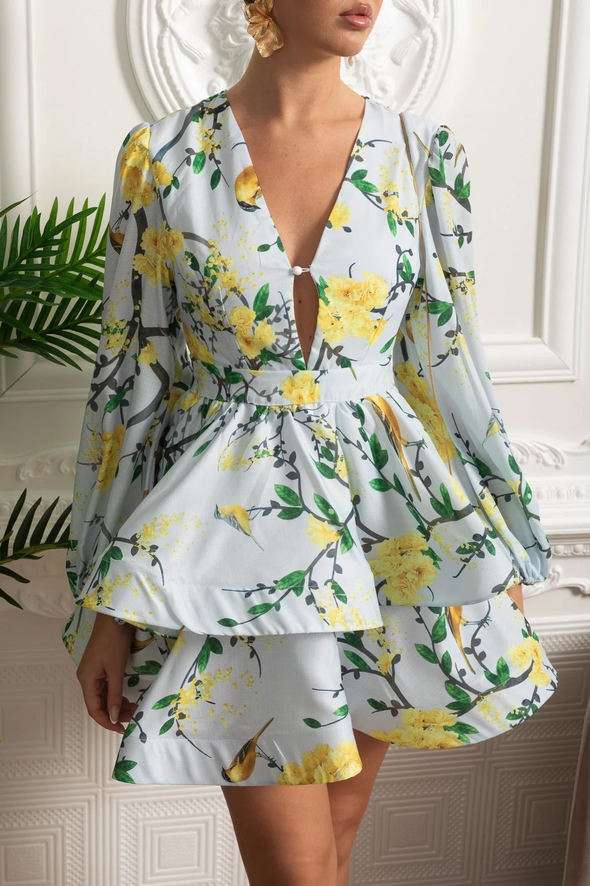 Floral Bird Print Deep V-Neck Balloon Long Sleeve Tiered Peplum Mini Dress 3