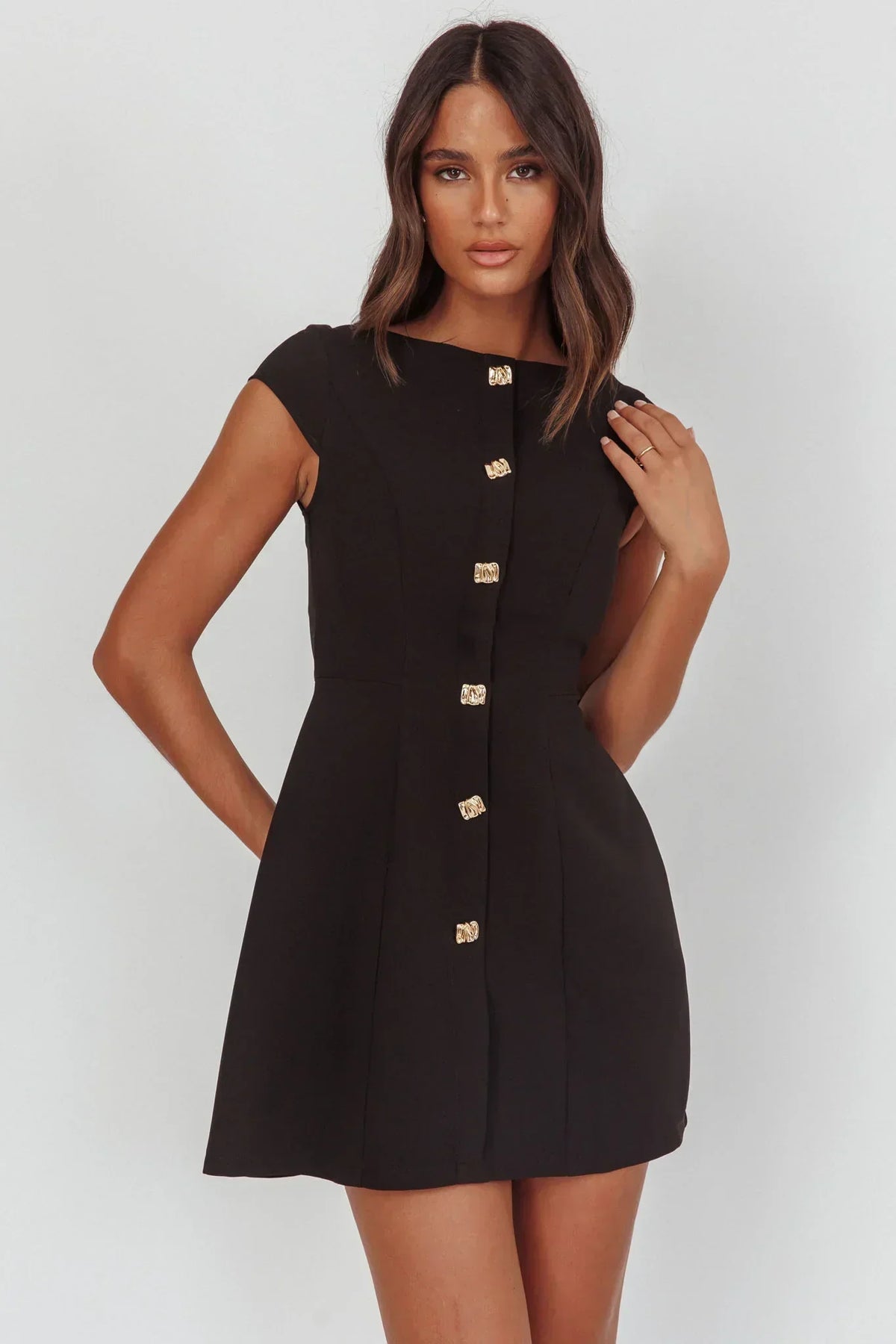 Cap Sleeve Boat Neck Button Front Tulip Mini Dress 5