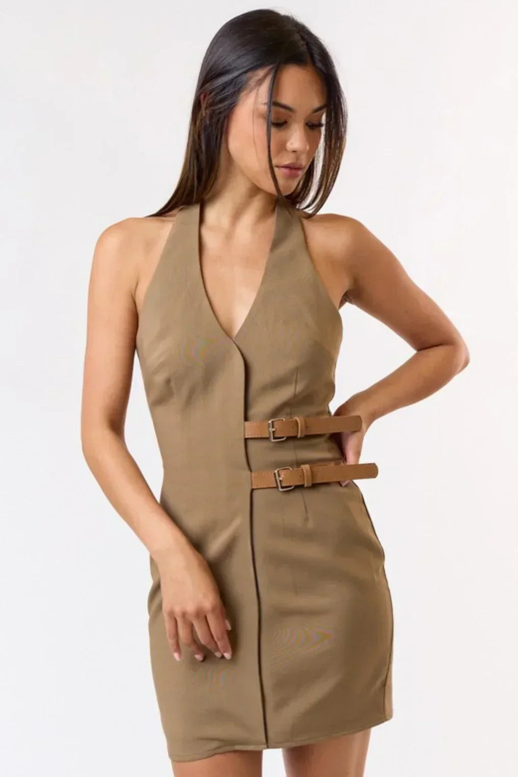 Halter V-Neck Double Buckle Strap Bodycon Mini Dress