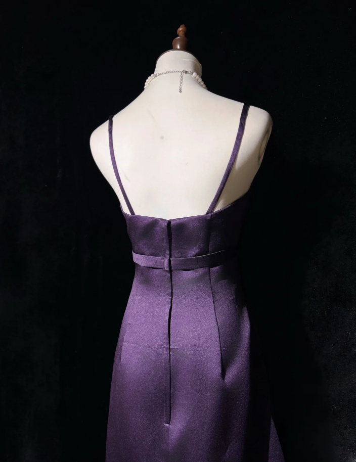 Fashion Spaghetti Straps Purple Satin Beaded A Line Short Birthday Outfits Homecoming Dress D1993