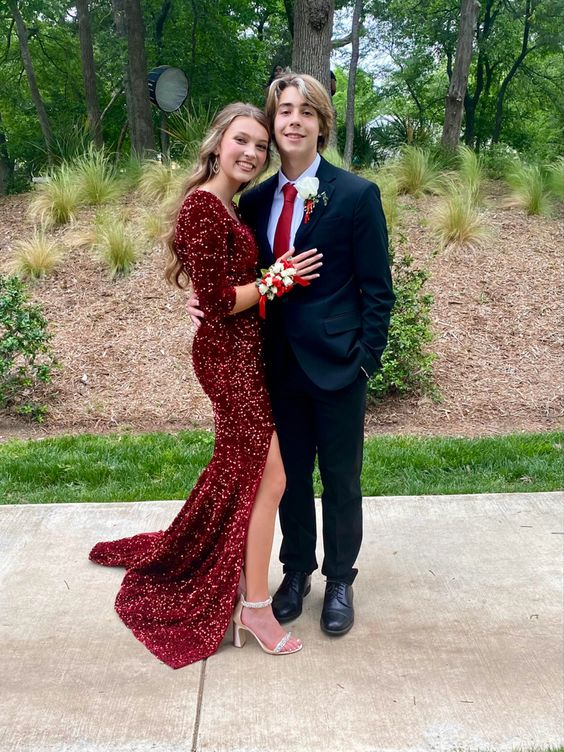Shiny Burgundy Sequins Long Prom Dress With Split cc1225