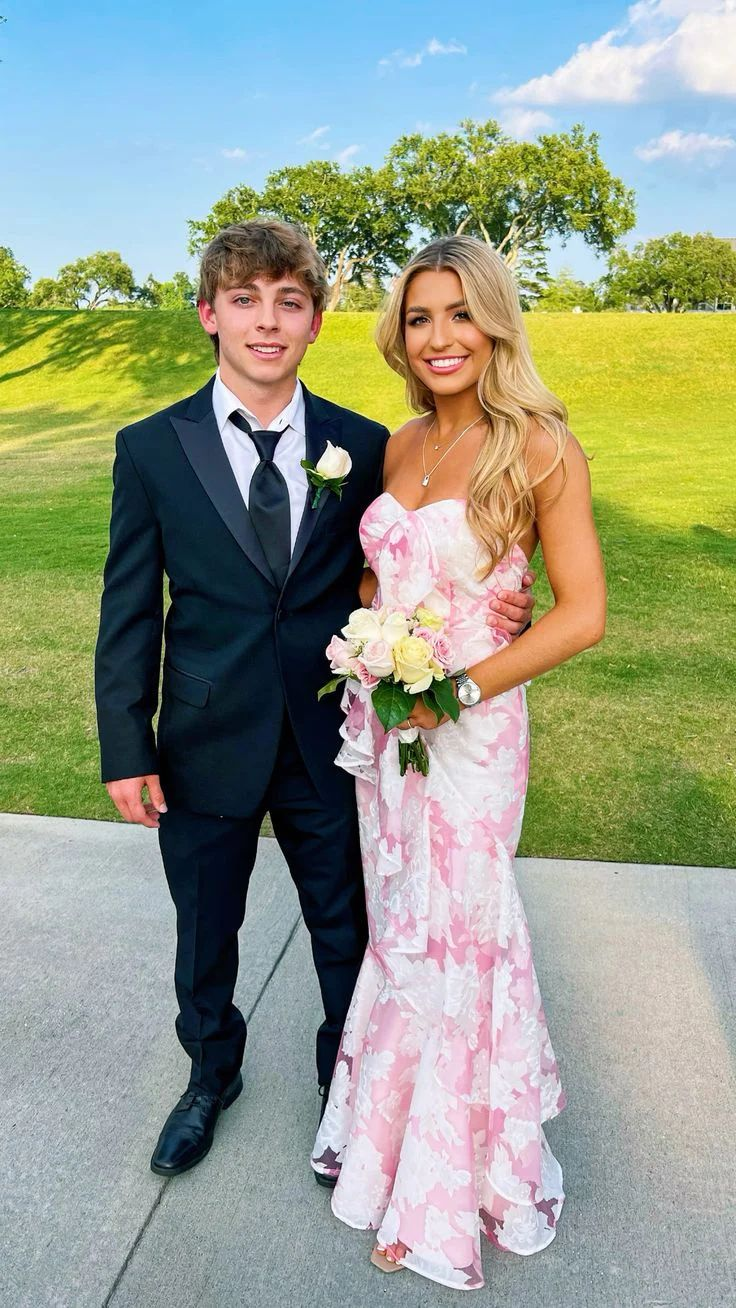 Classy Pink Mermaid Print Floral Evening Dress Prom Dress cc2013