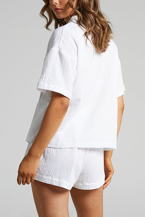 Button Half Sleeve Blouse Short Set