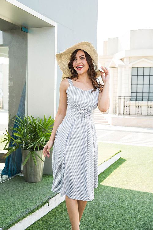 Tartan Tied A-line Midi Dress - 3 Colors Blue