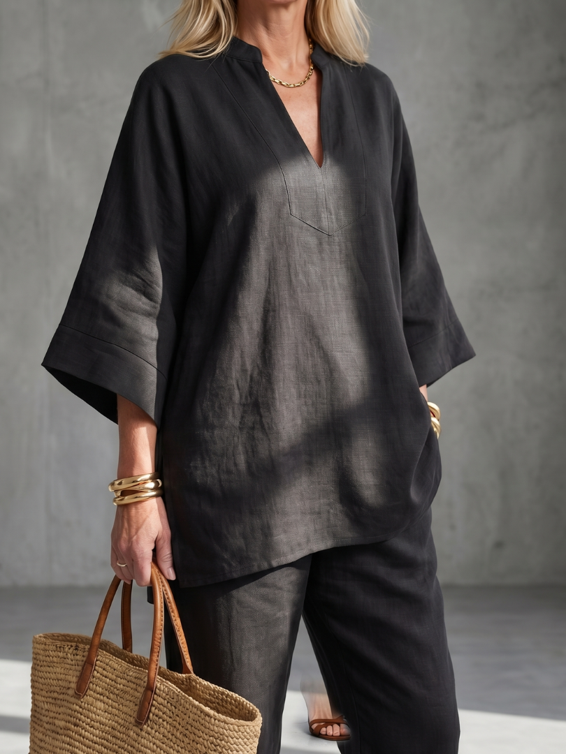 Notch V-Neck Tunic Top and Pants Two Piece Set