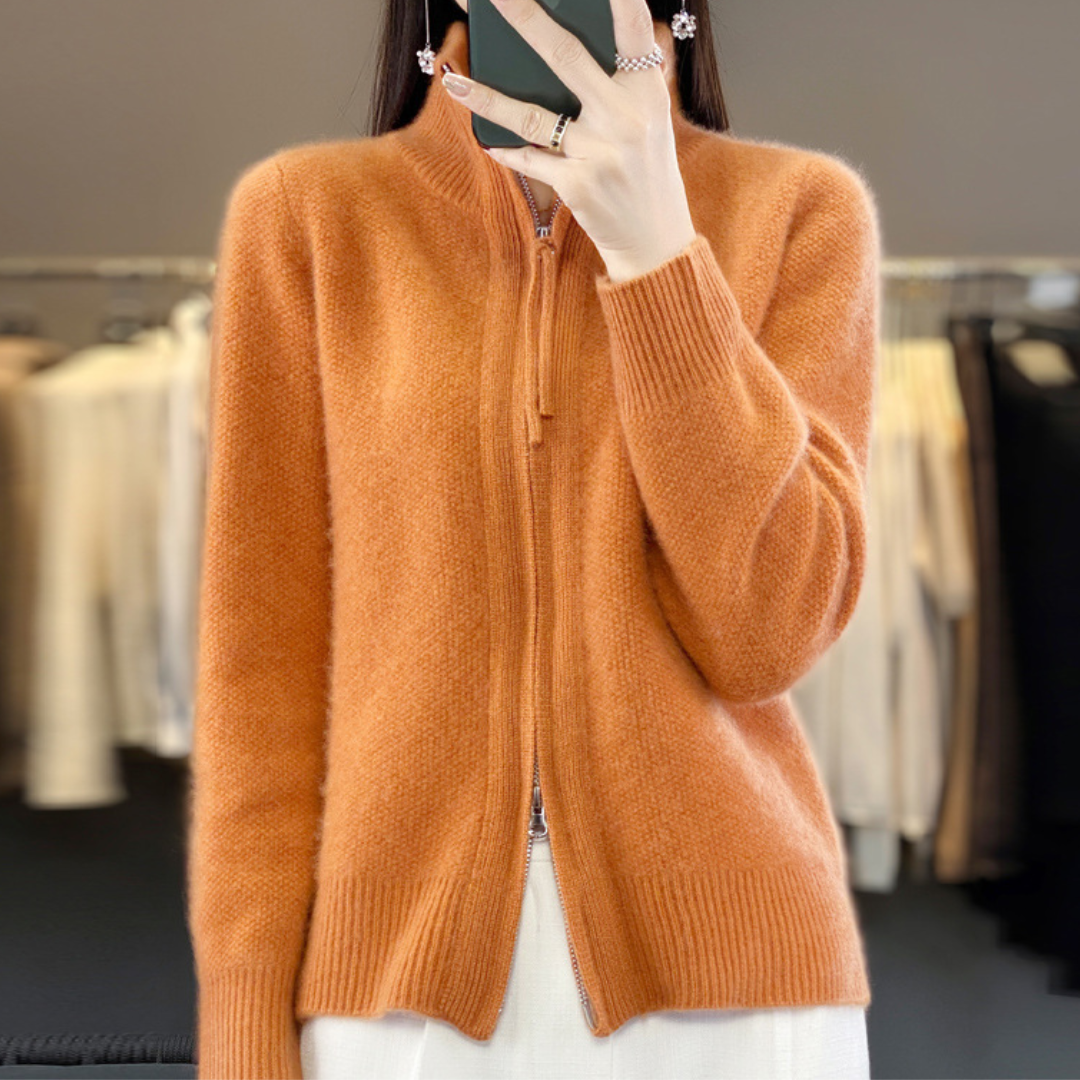 Mock Neck Double Zip Front Ribbed Knit Cardigan