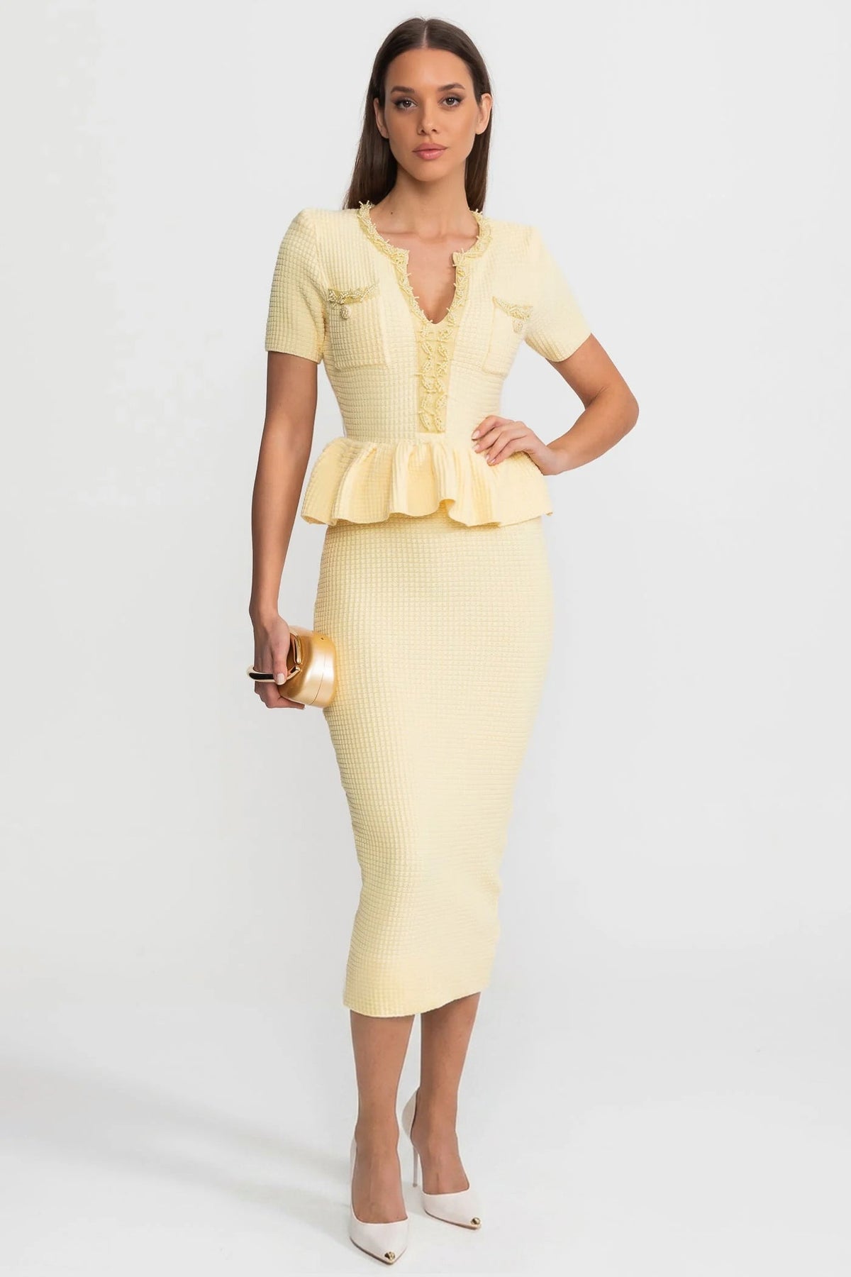 Textured Knit Short Sleeve Embellished Trim Peplum Waist Bodycon Midi Dress 2