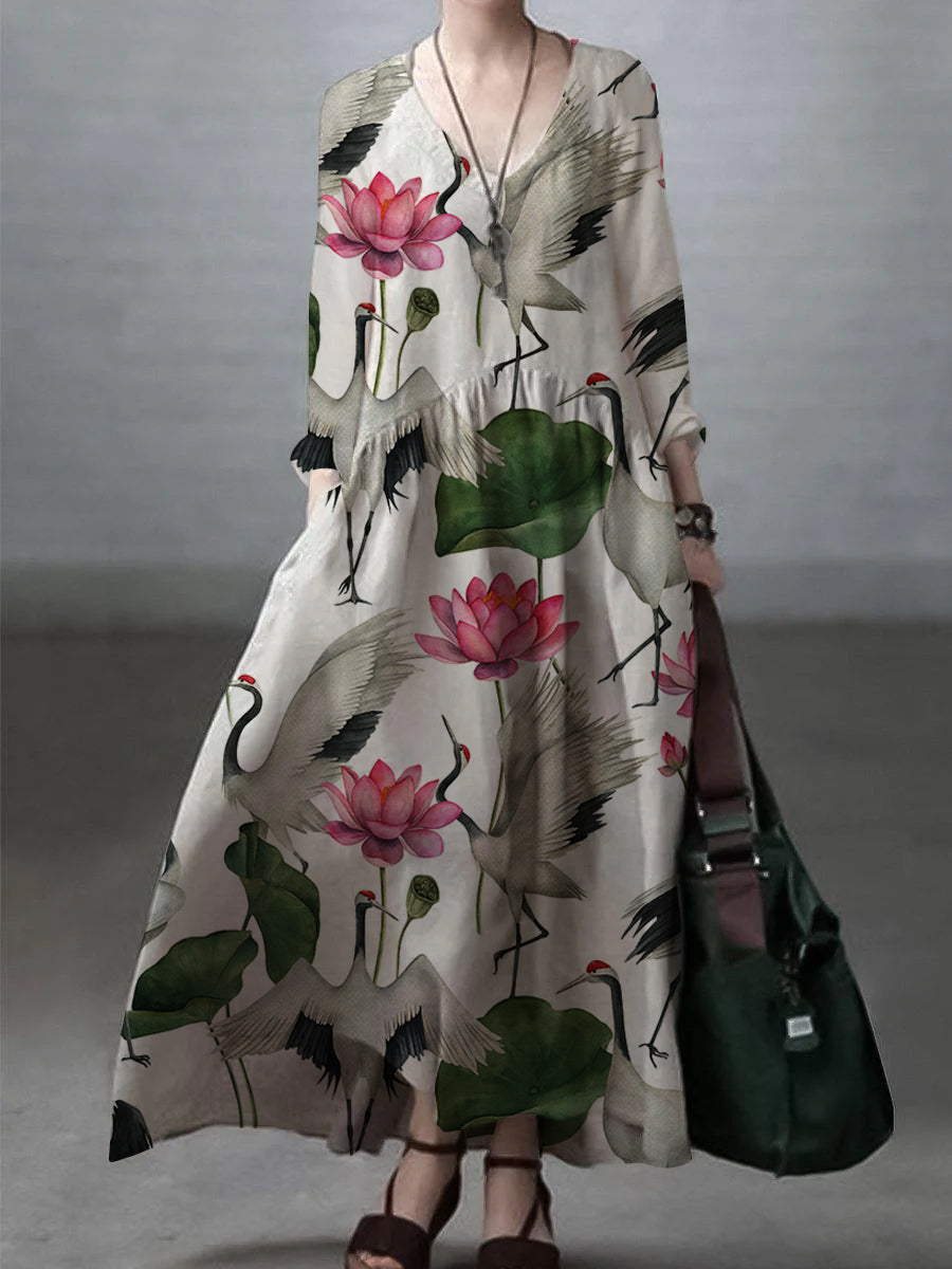 V-Neck Long Sleeve Pocket Drop Waist Maxi Dress 12