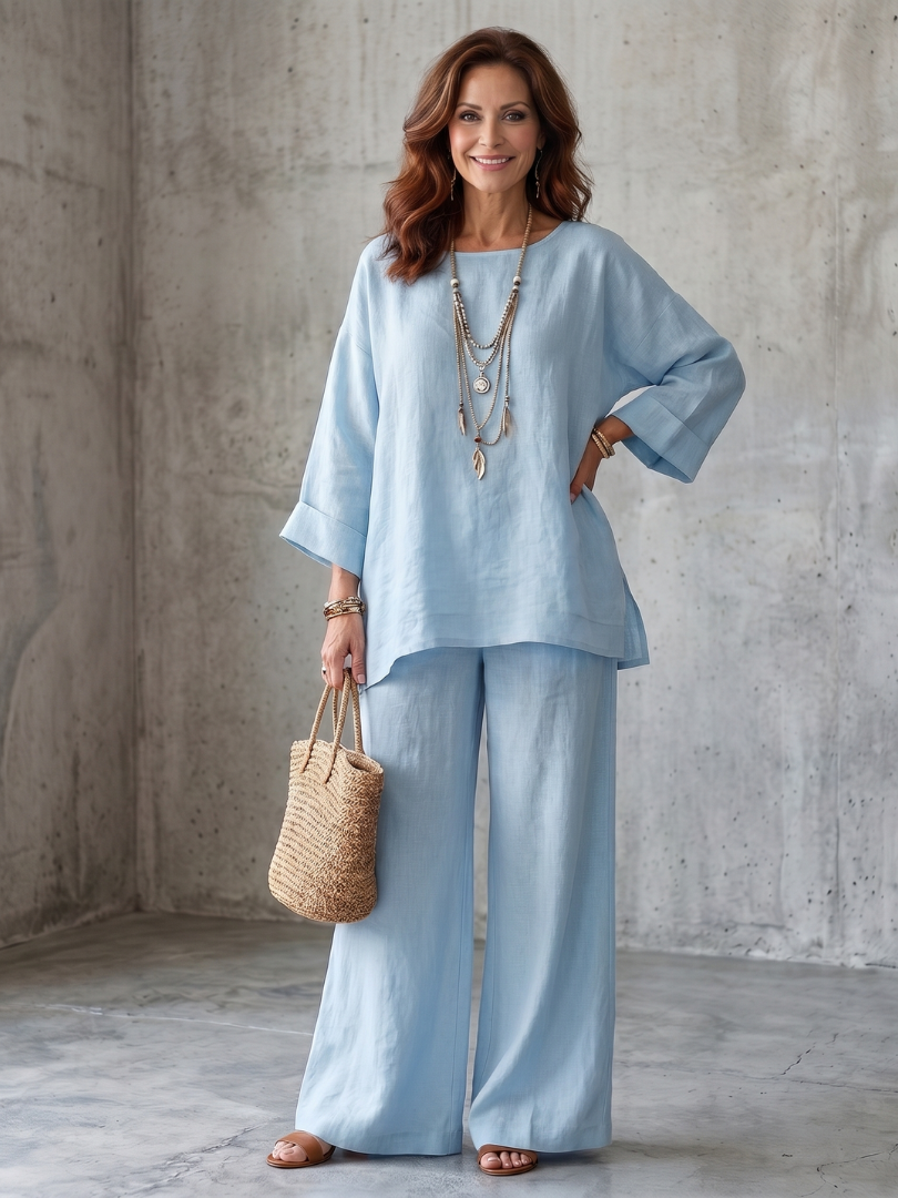 Round Neck Oversized Tunic and Wide Leg Pants Two Piece Set