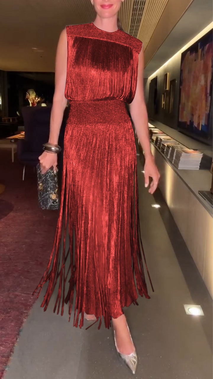 High Neck Sleeveless Fringe Midi Dress Party 6