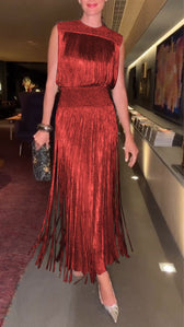 High Neck Sleeveless Fringe Midi Dress Party 6