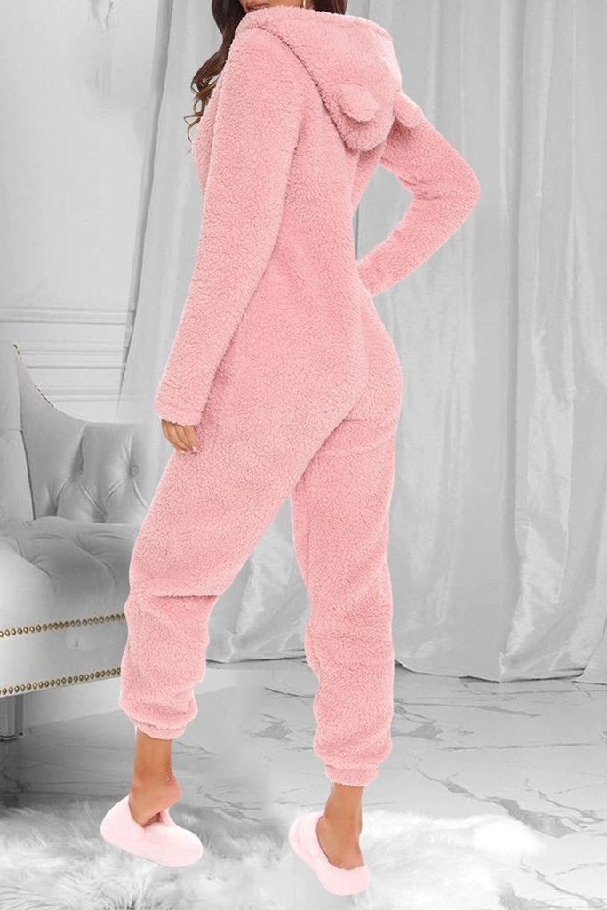Fuzzy Hoodie Collar Jumpsuit Pajamas